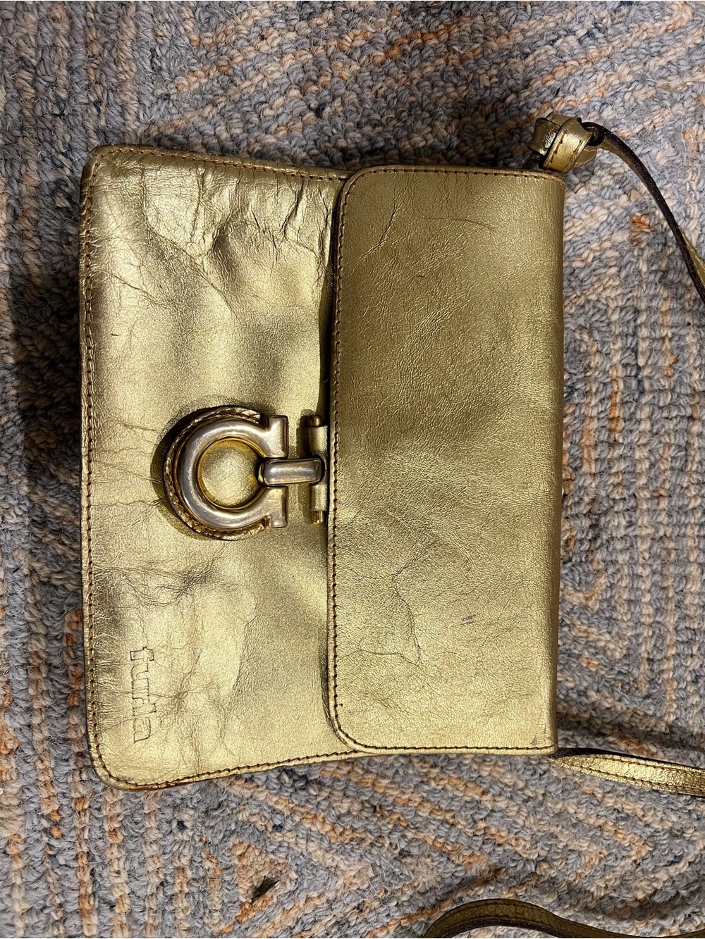 Vintage Furla Metallic Gold Leather Crossbody with Signature Ring